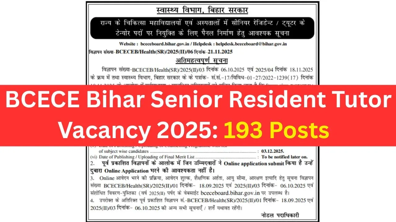 BCECE Bihar Senior Resident Tutor Recruitment 2025 | Apply Online for 193 Posts