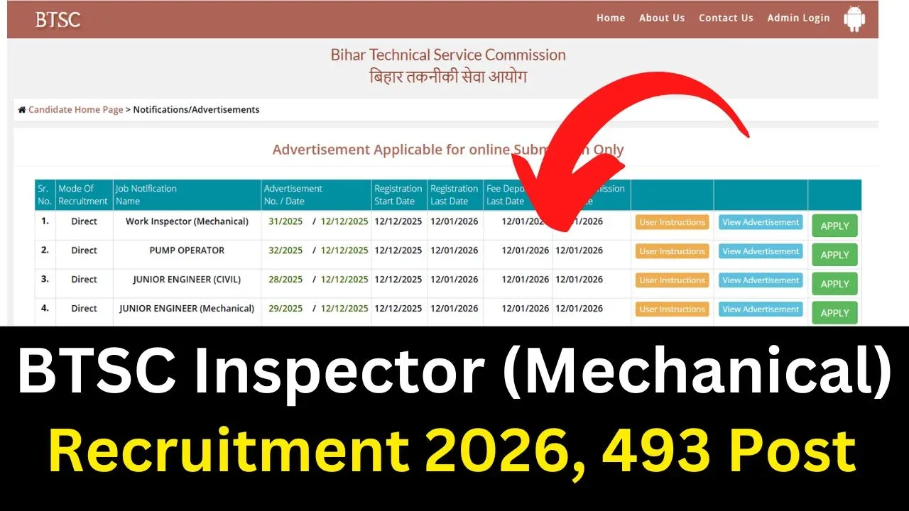 Bihar BTSC Work Inspector Mechanical Recruitment 2026 - Apply Online (Re-Open)